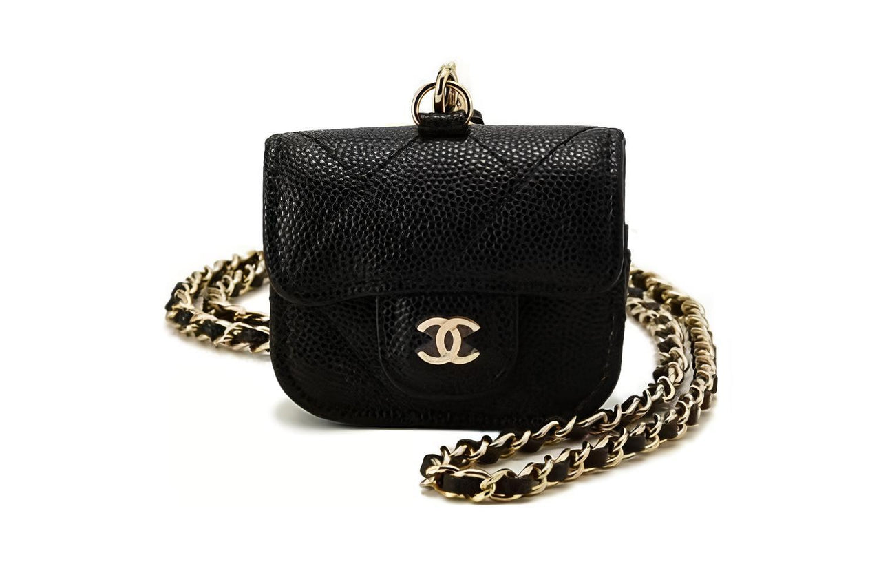 CHANEL Lambskin And Gold Metal Earphone Case Women's Black