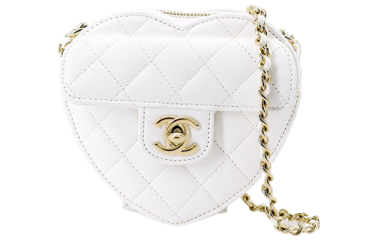 CHANEL Sheepskin Patchwork With Metal Heart-Shaped Shoulder Bag Crossbody Bag Small Size Women's White