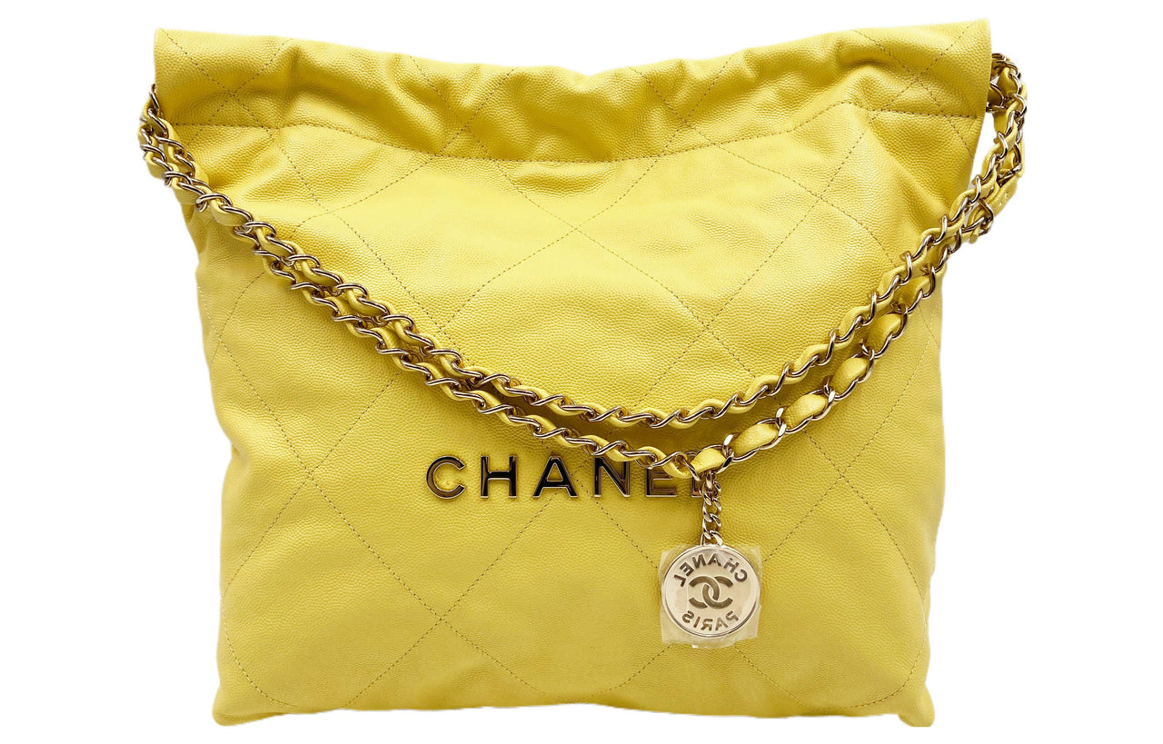 CHANEL 22Bag Grained Cow Leather Tote Bag Shopping Bag Portable Crossbody Bag Shoulder Bag Small Size Women's Yellow