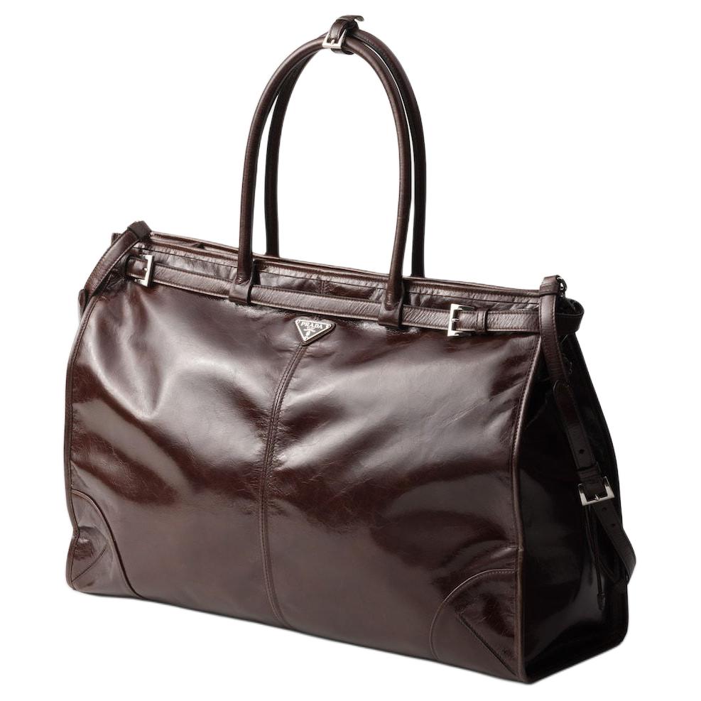PRADA Leather Tote Bag Shopping Bag Handbag Men's Dark Brown