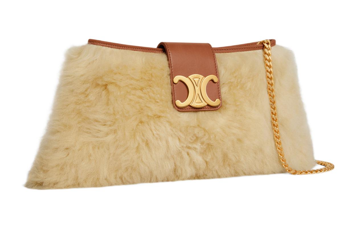 CELINE WilternTriomphe Shearling Cow Leather Patchwork Handbag Shoulder Bag Women's Tan
