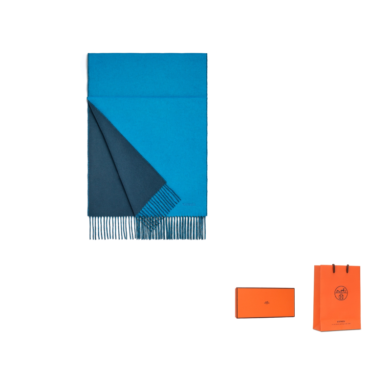 HERMES Knit Scarves Men's Sky Blue Marine Blue