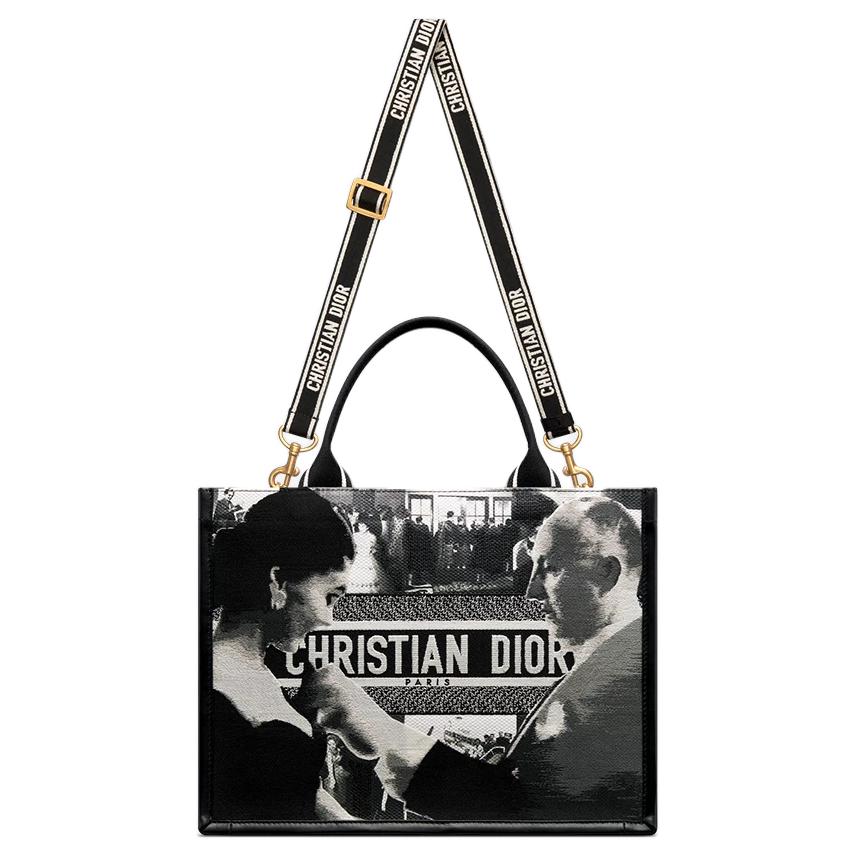 DIOR Cotton Tote Bag, Shopping Bag, Shoulder Bag, Crossbody Bag, Handbag Medium Size Women's Black White