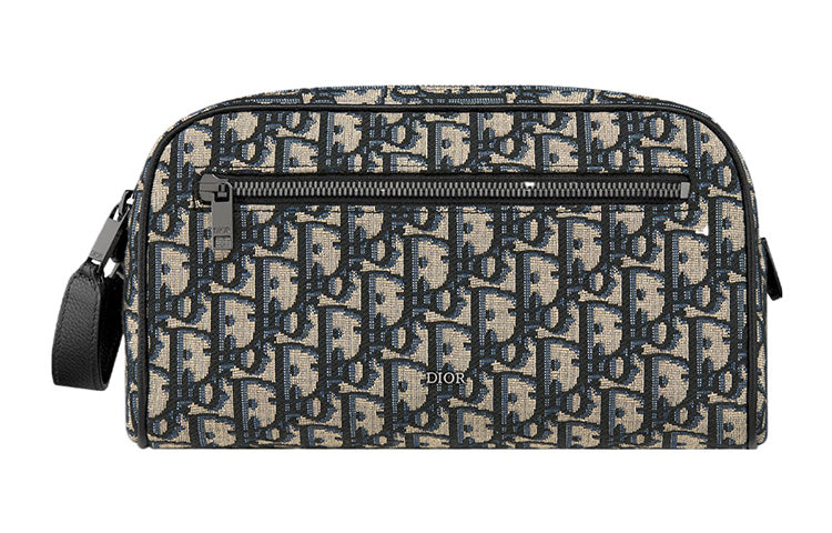 DIOR Oblique Jacquard With Grain Cow Leather Toiletry Bag Men's Beige & Black