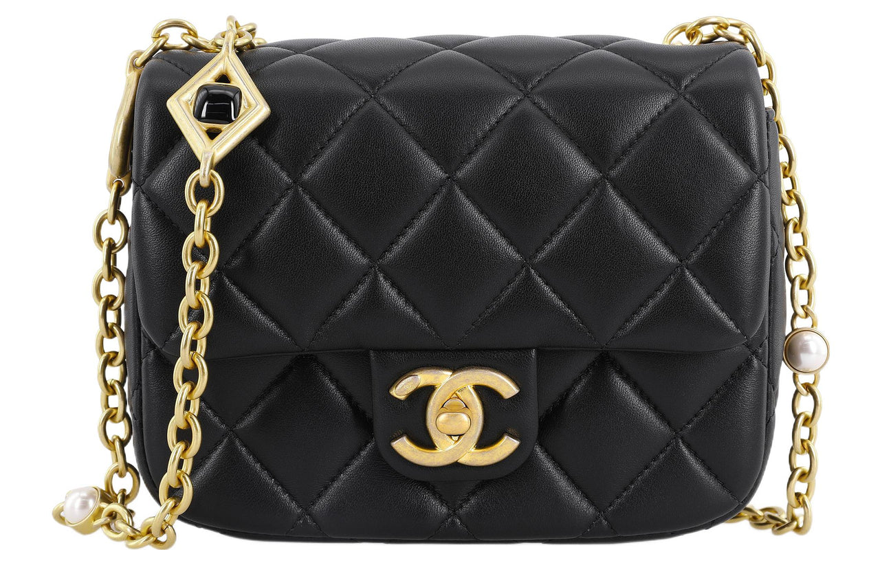 CHANEL Lambskin Flap Bag With Zip Closure Shoulder Bag Crossbody Bag Mini Women's Black