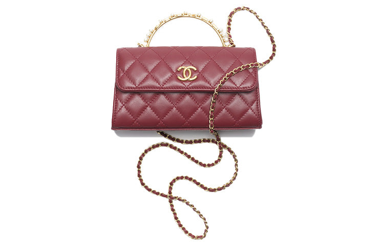 CHANEL Lambskin Cell Phone Pouch Handbag Shoulder Bag Crossbody Bag Women's Burgundy
