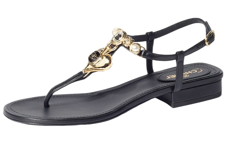 CHANEL One Strap Sandals Women's Black