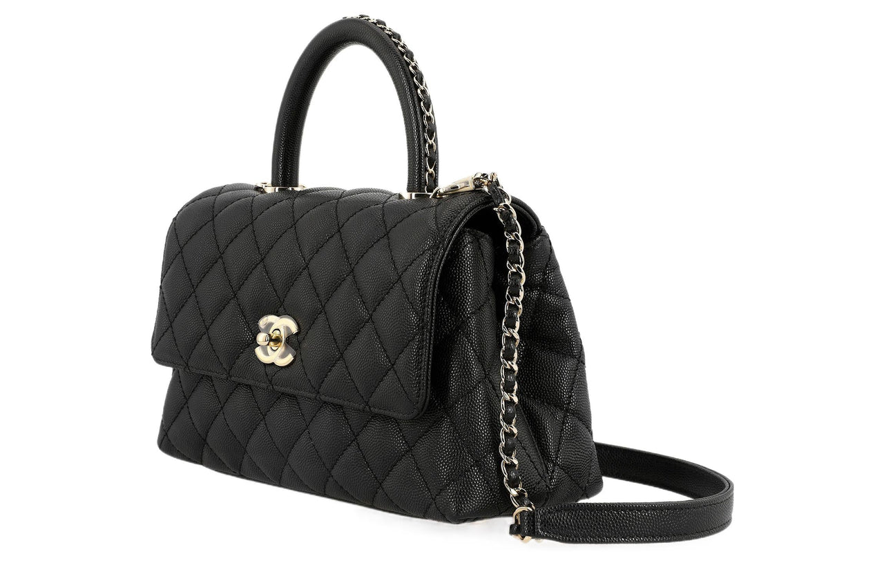 CHANEL Gold Grained Litchi Grain Cow Leather Shoulder Bag Crossbody Bag Handbag Small Size Women's Black