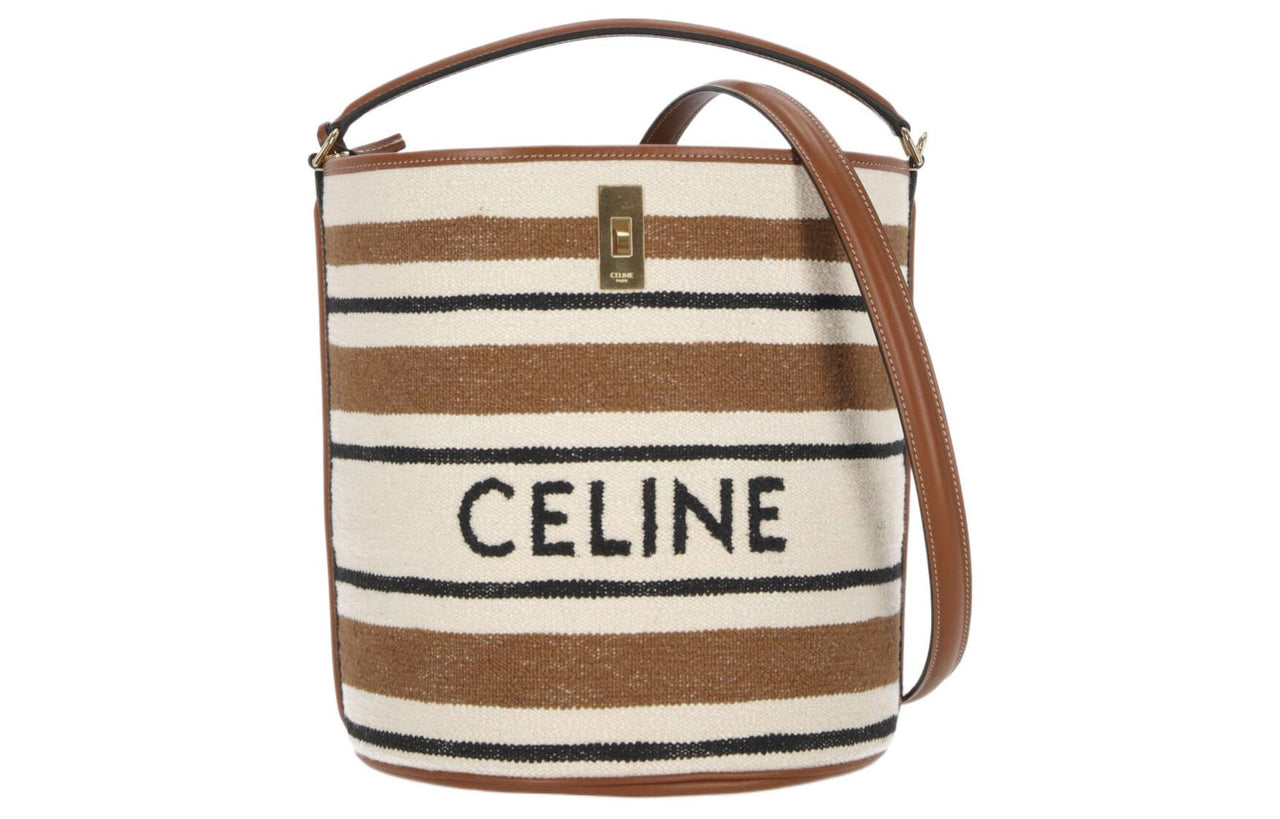 CELINE Calfskin Clutch Shoulder Bag Women's Brown & White