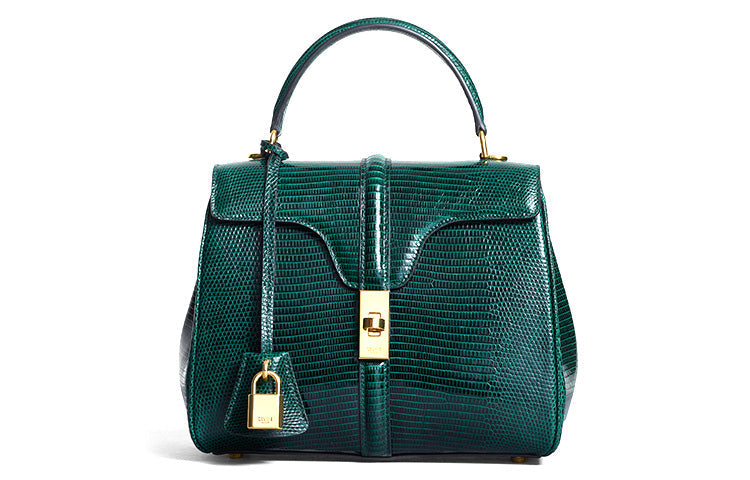 CELINE 16 Lizard Skin Handbag Small Size Women's Dark Green