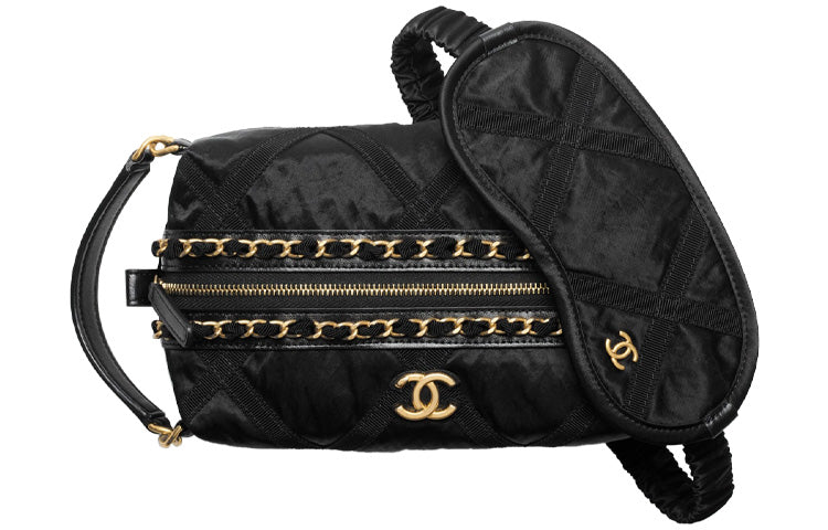 CHANEL Satin Toiletry Bag Unisex Black