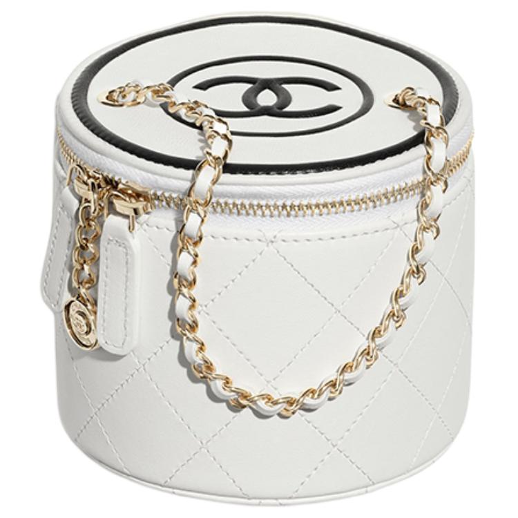 CHANEL Lambskin Round Bucket Bag One Shoulder Handbag Women's White