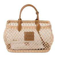MIU MIU Woven Leather Trim Shoulder Bag, Crossbody Bag, Handbag Women's Tan With Caramel