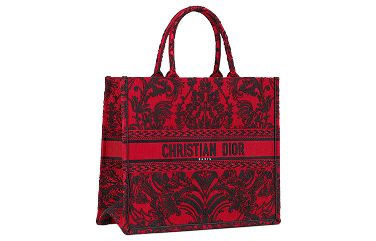 DIOR BookTote Embroidery Tote Bag Shopping Bag Handbag Large Size Women's Red/Black