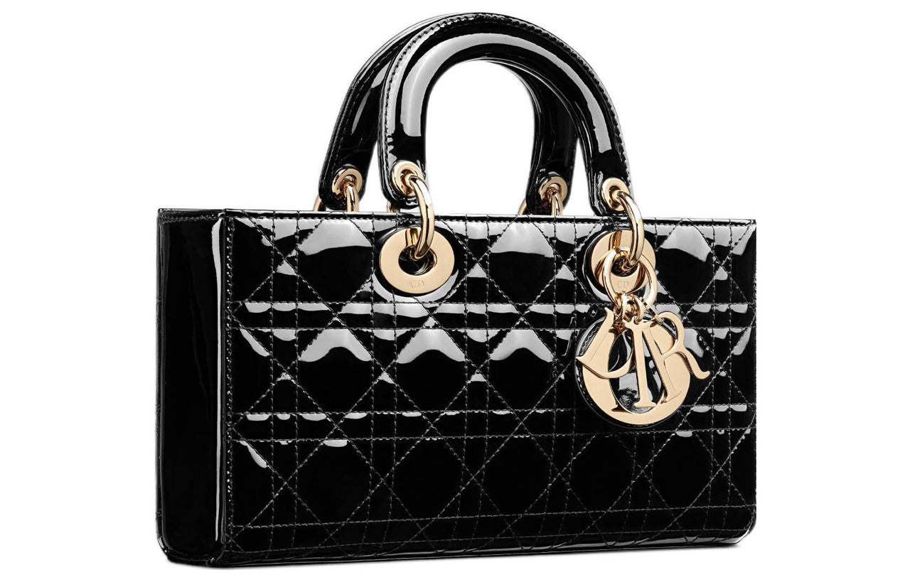 DIOR Lady D-JOY Patent Leather Cowhide Daisie Bag Shoulder Bag Crossbody Bag Handbag Medium Size Women's Black