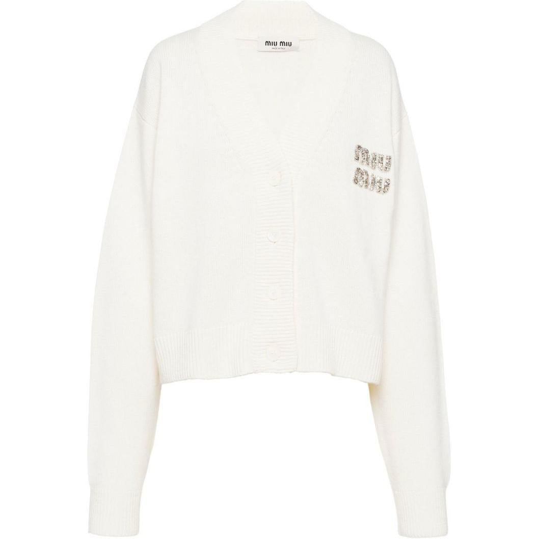 MIU MIU Crystal embellished Logo Cashmere Cardigan