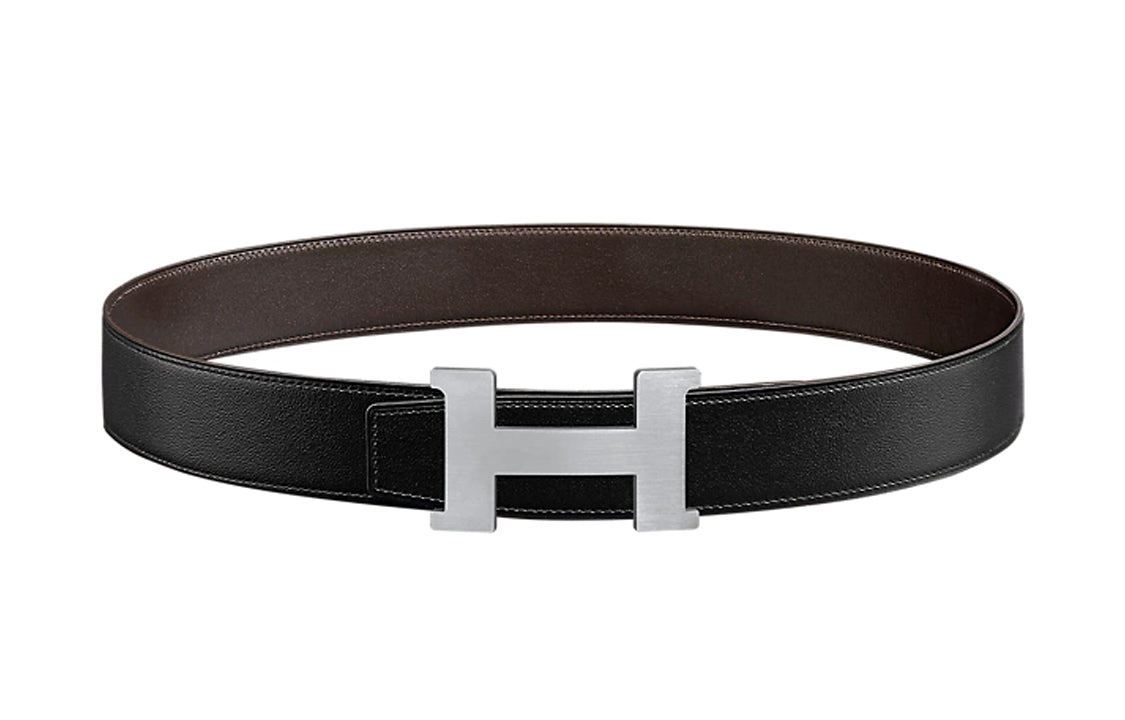HERMES Comfortable Silver Buckle Togo Calfskin Double-Sided Leather Belt Men's Black Width: 3.8cm