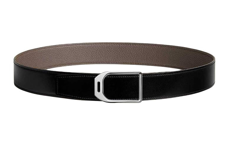 HERMES Calfskin Leather Belts Men's Black/Tin Gray Width: 3.8CM