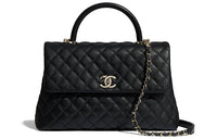 CHANEL COCO Handle Textured Calfskin With Gold Metal Shoulder Bag Crossbody Bag Large Size Women's Black