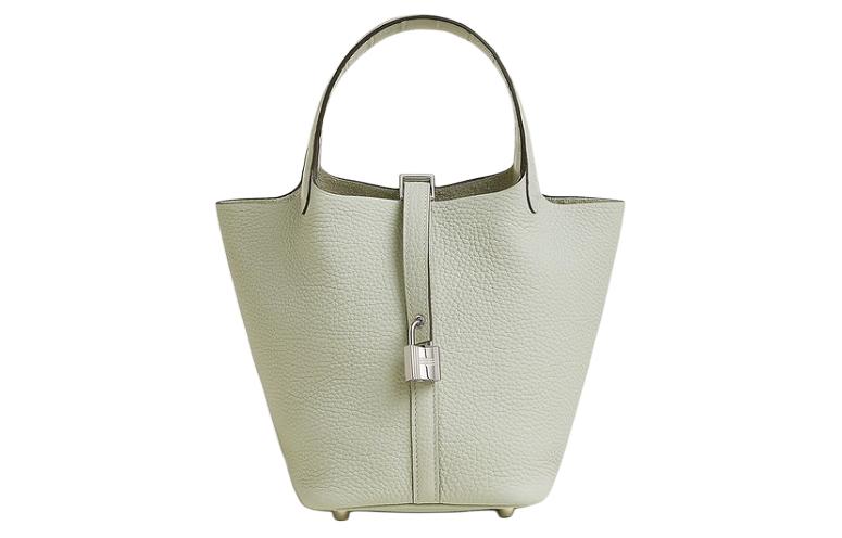 HERMES Clemence Bullock Leather With Crocodile Leather Accents Basket Bag Handbag Bucket Bag Women's Snow Gray