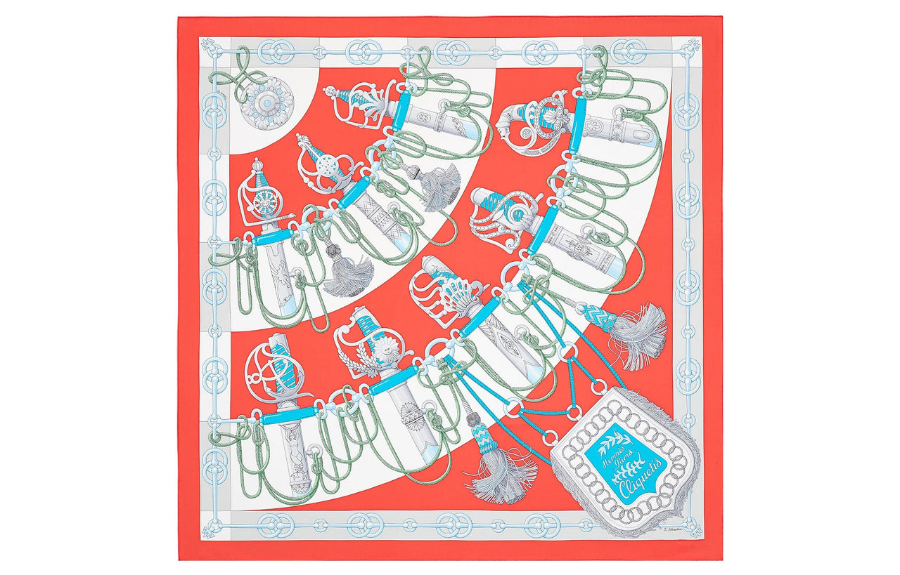 HERMES Silk Scarves Women's Garnet Red/Gray/Turquoise Blue