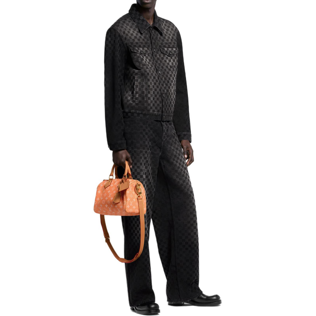 LOUIS VUITTON Flocked Damier Denim Wide-Leg Pants