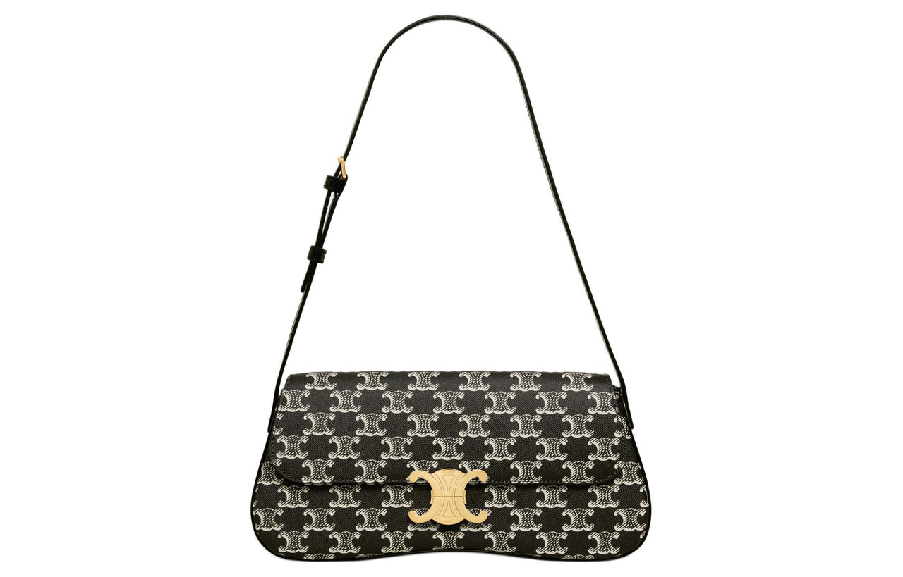 CELINE Cow Leather Binding Crossbody Bag, Shoulder Bag Medium Size Women's Black