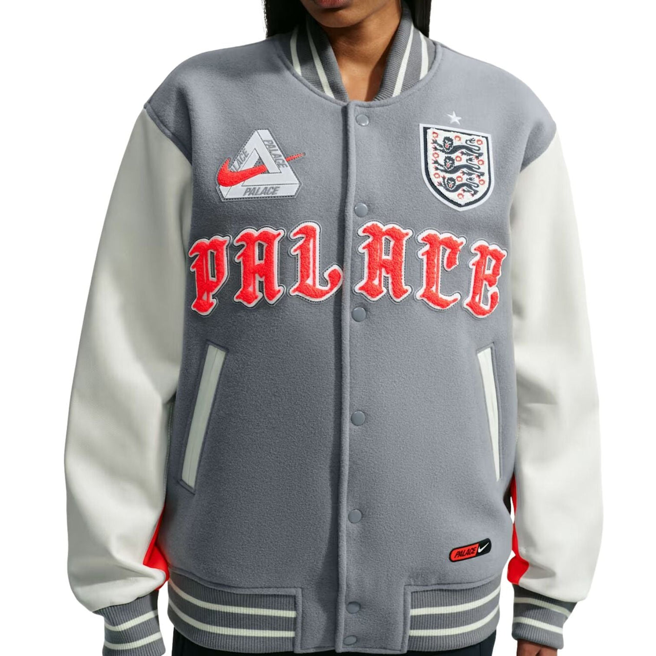 Nike x England x Palace Cryoshot Varsity Jacket 'Cool Grey White Bright Crimson' IM6636-065