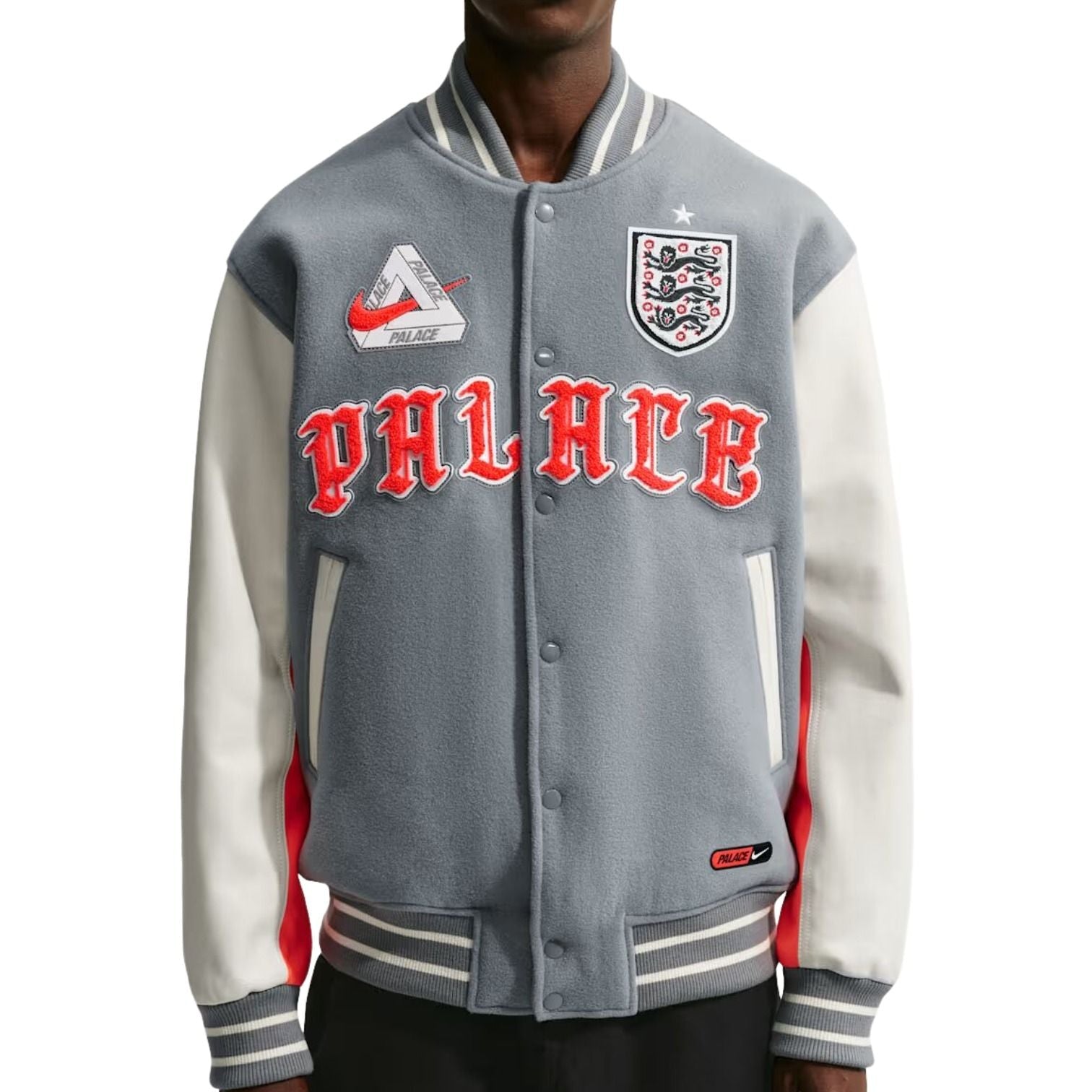 Nike x England x Palace Cryoshot Varsity Jacket 'Cool Grey White Bright Crimson' IM6636-065