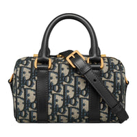 DIOR Grained Cow Leather With Fabric Boston Bag Handbag Shoulder Bag Crossbody Bag Mini Women's Blue Black