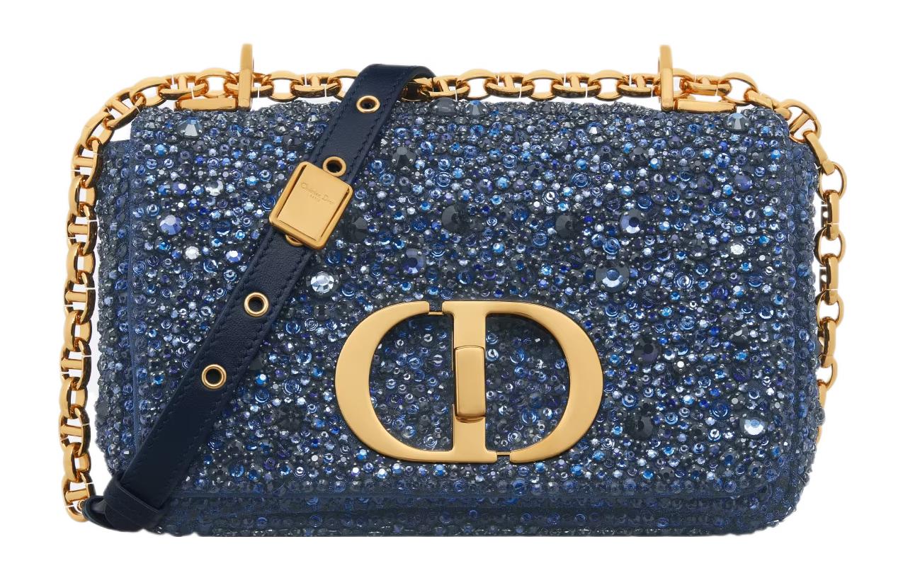 DIOR Caro Rhinestone Embroidered Velvet Fabric Crossbody Bag Shoulder Bag Women's Blue