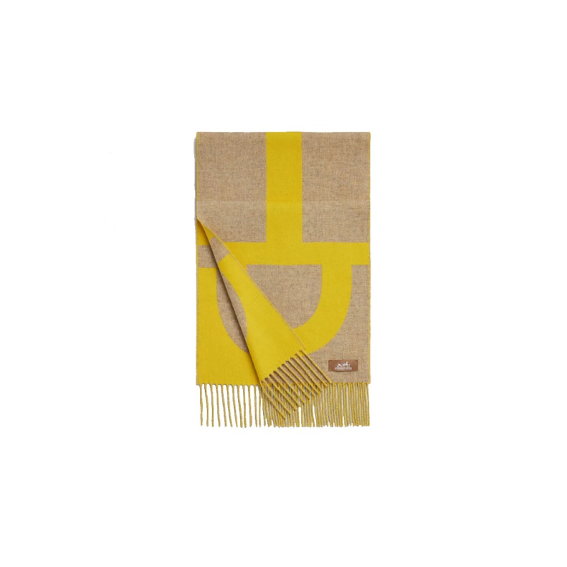 HERMES Cashmere Knit Scarves Unisex Beige/Yellow