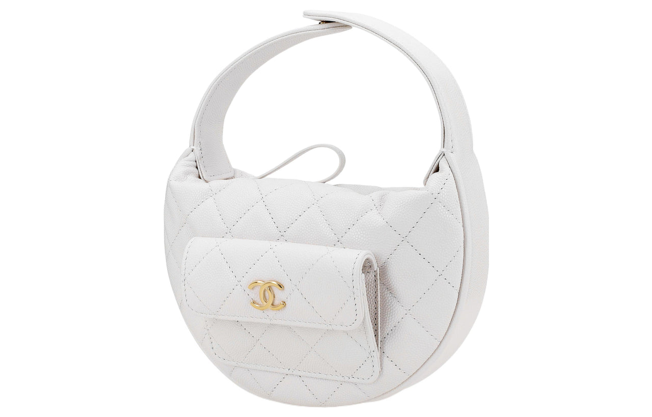 CHANEL Grained Litchi Cow Leather Crescent Moon Bag Clutch Mini Women's White