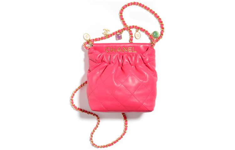 CHANEL Lambskin Bucket Bags Shoulder Bag Crossbody Bag Small Size Women's Rose Red