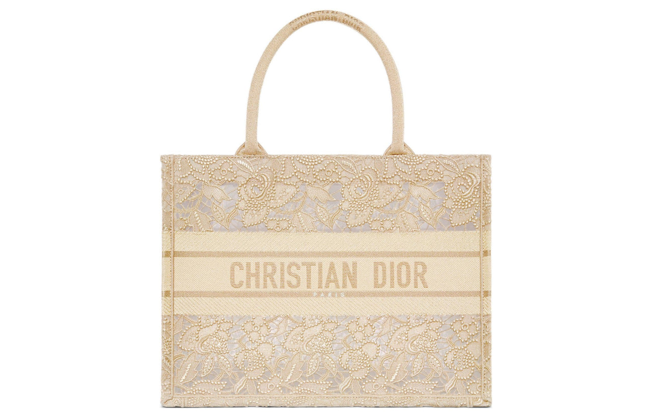 DIOR BookTote Embroidery Tote Bag Shopping Bag Handbag Medium Size Women's Gold