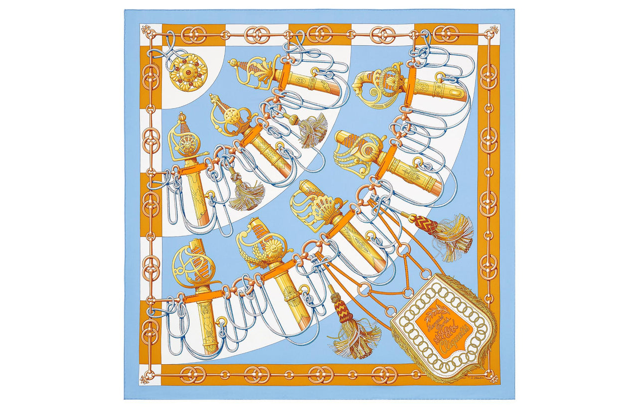 HERMES Silk Scarves Women's Sky Blue/Vintage Gold