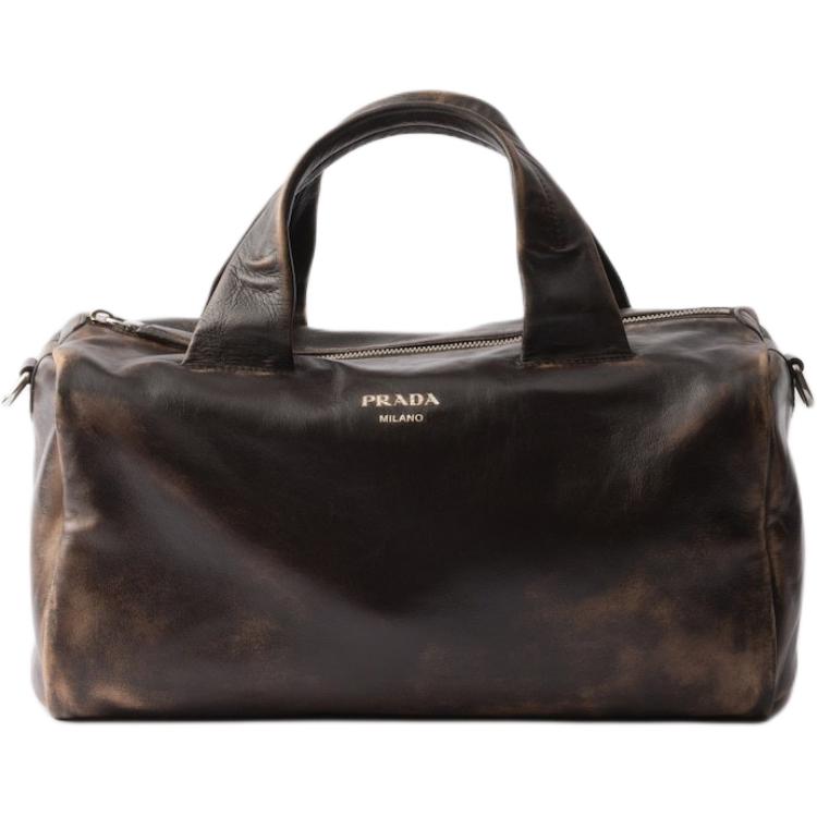 PRADA Lambskin Travel Bag Men's Dark Brown