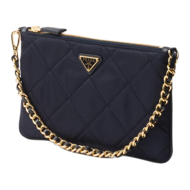 PRADA Fabric Chain Handbag Shoulder Bag Women's Navy Blue