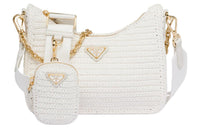 PRADA Re-Edition Natural Raffia Fiber With Leather Detail 3-in-1 Shoulder Bag Crossbody Bag Handbag Women's White