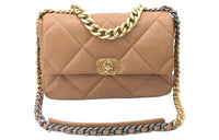 CHANEL 19Bag Lambskin Mouth Cover Bag Crossbody Bag Medium Size Women's Caramel Brown