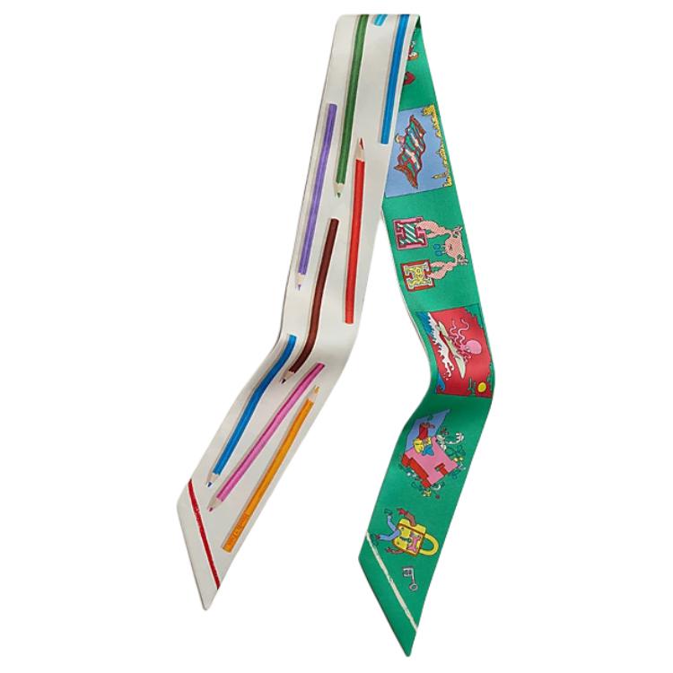 HERMES Mulberry Silk Scarves Women's Cream/Green