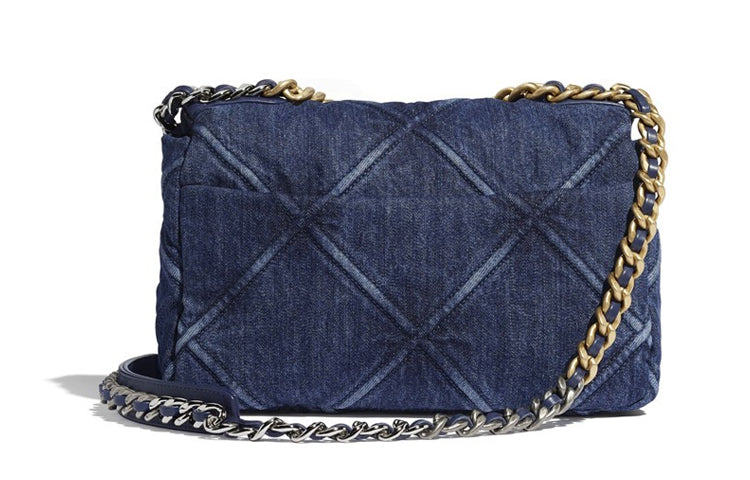 CHANEL 19Bag Denim Denim Mouth Cover Bag Crossbody Bag Small Size Women's Blue