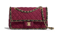 CHANEL Classic Flap CF Wool Tweed Glass Pearl And Gold Metal Shoulder Bag Women's Red Black