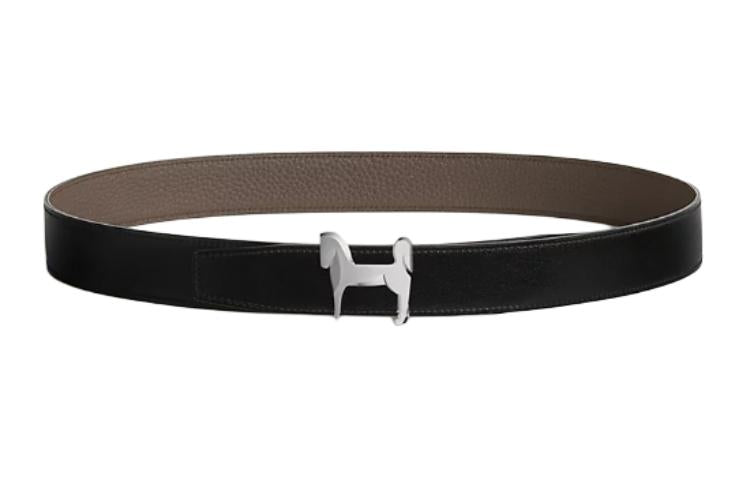 HERMES Calfskin Leather Belts Men's Black Width: 3.2CM