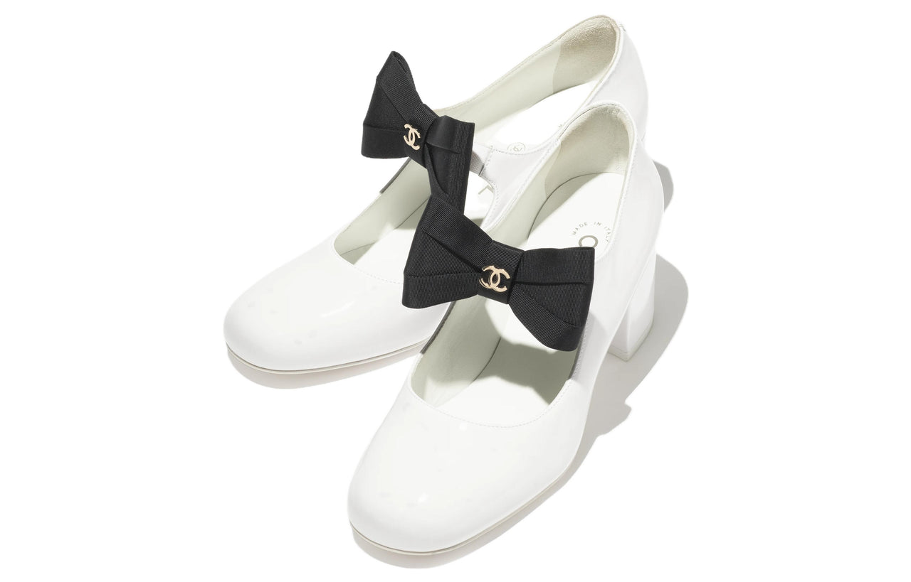 CHANEL Chunky Heel Mary Jane Shoes Women's White