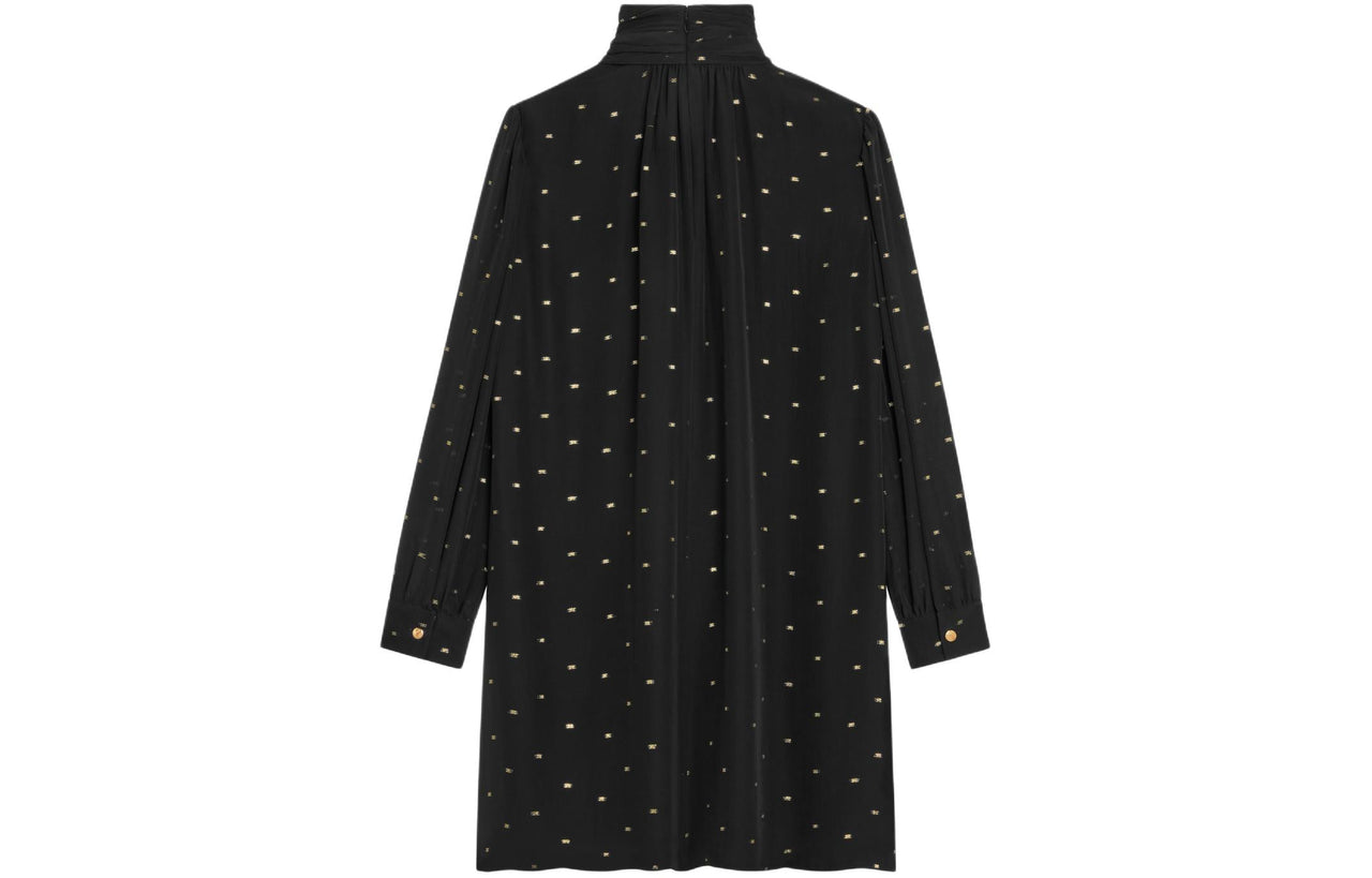 CELINE Babydoll Dress In Silk Georgette Long Sleeved Dress Women's Black