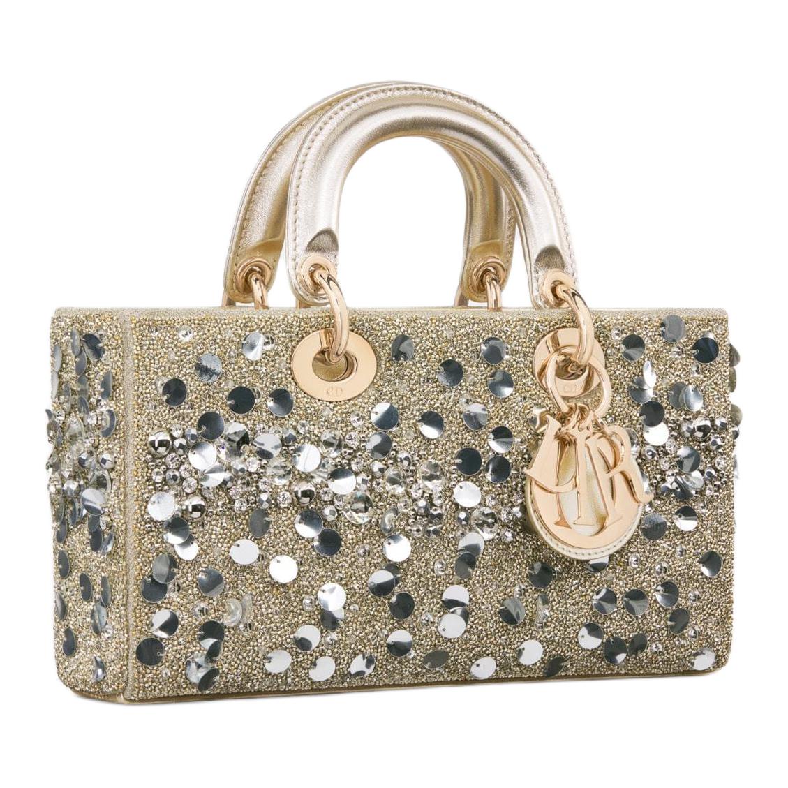 DIOR Lady D-JOY Sequins Embroidered Cow Leather Shoulder Bag Crossbody Bag Handbag Medium Size Women's Metallic