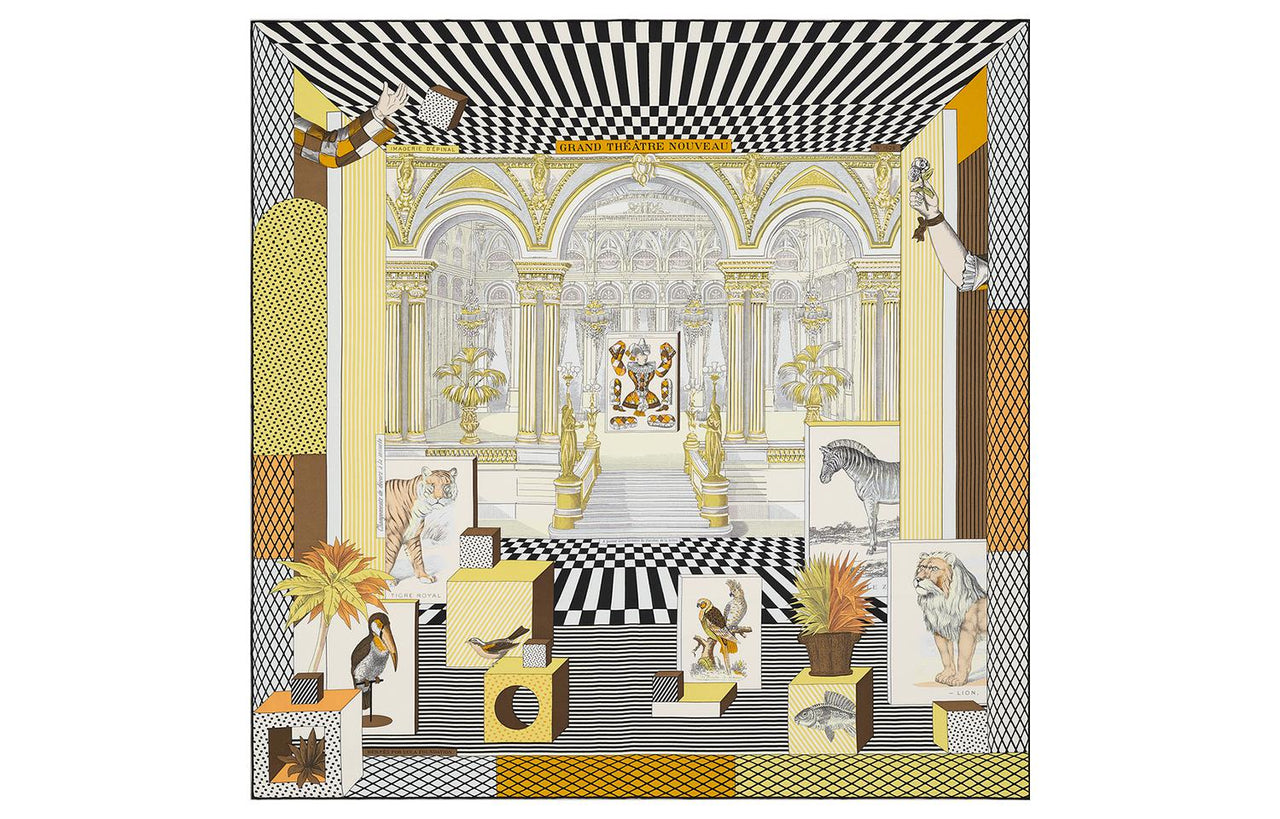 HERMES Silk Scarves Unisex Black/Light Yellow/Cream