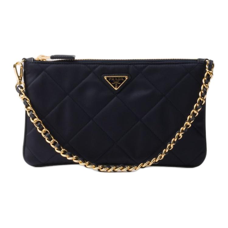 PRADA Fabric Chain Handbag Shoulder Bag Women's Navy Blue