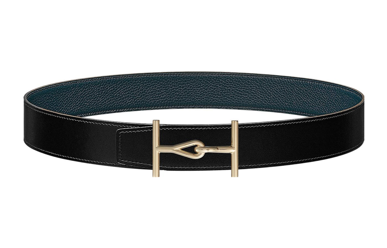 HERMES Fashion Jumbo Gold Buckle Togo Calfskin Double-Sided Leather Belt Men's Black/Prussian Blue Width: 3.8cm